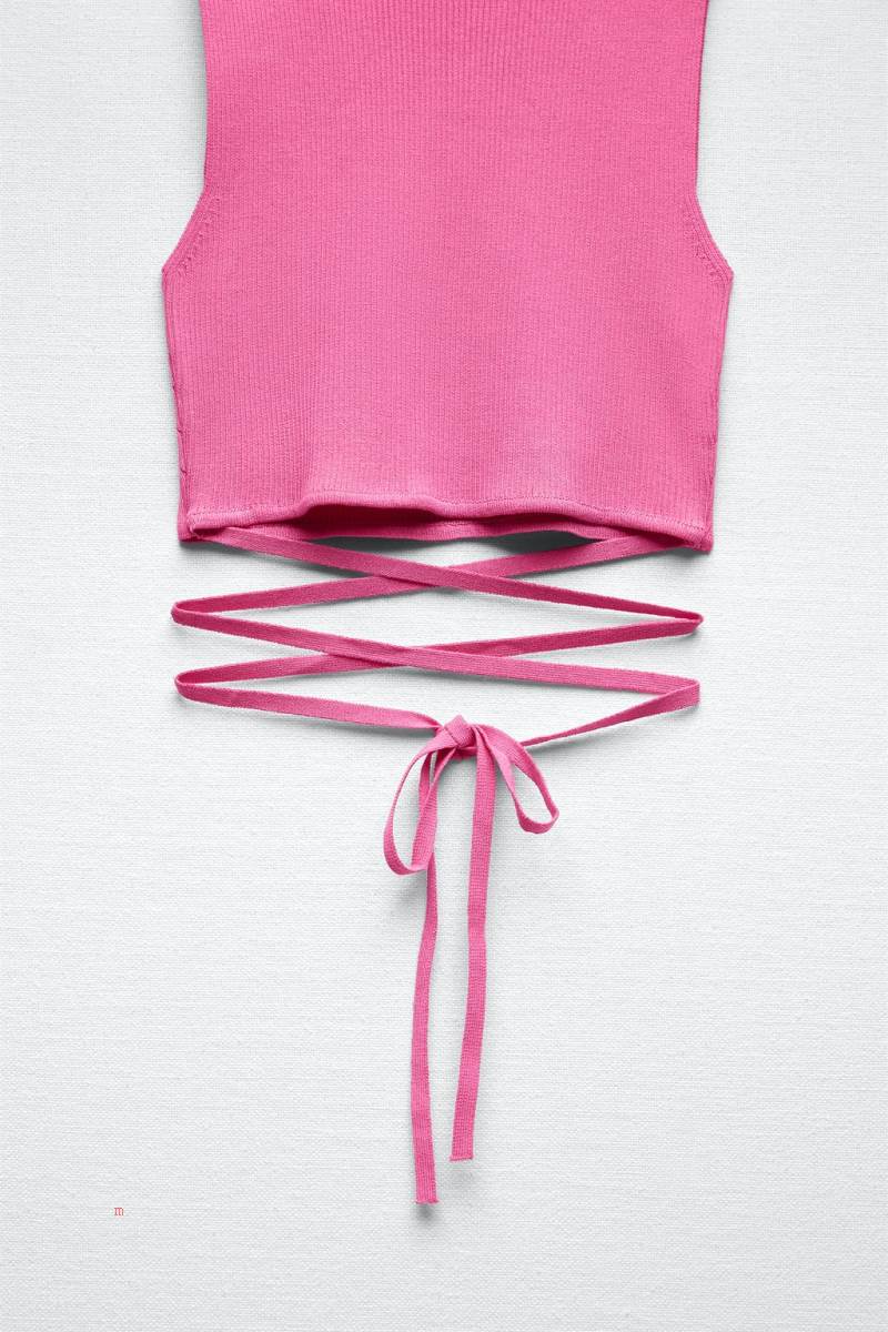 ZARA KNIT TOP WITH KNOT AT THE WAIST Crop Top Dam Rosa | UEQNK-5267
