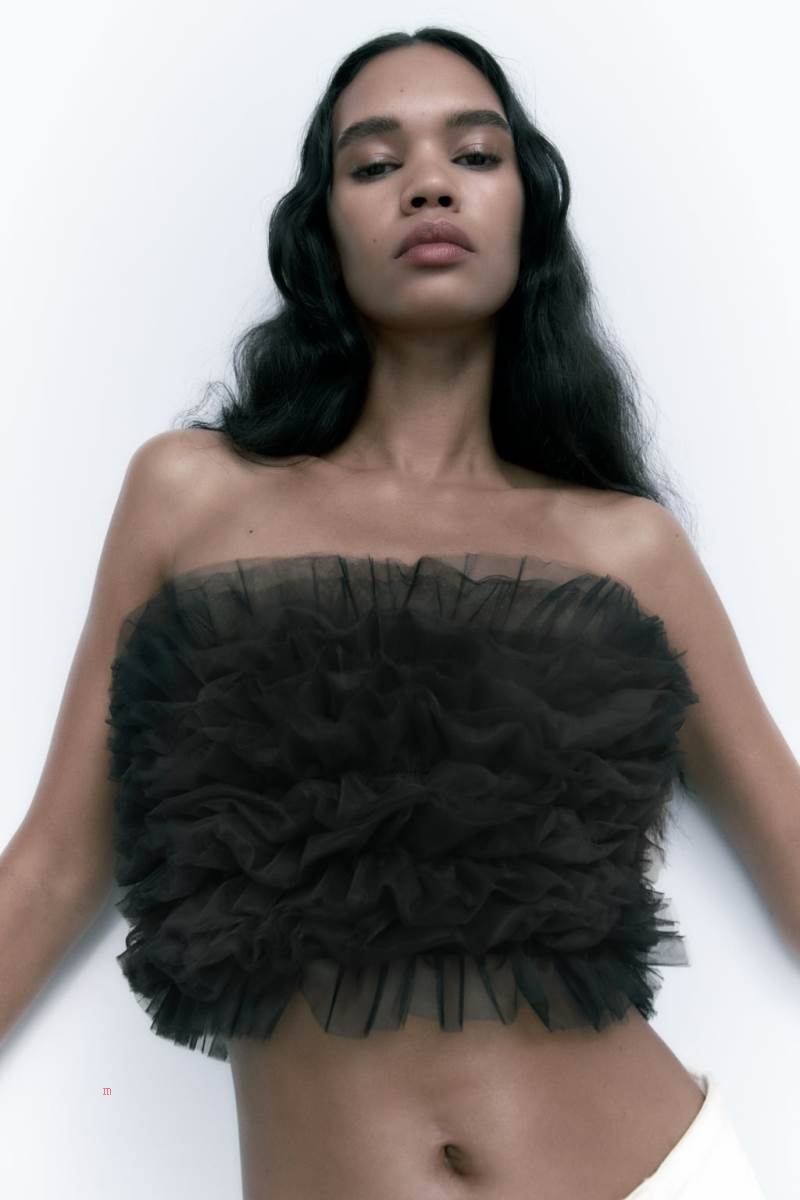 ZARA KNIT TOP WITH TULLE Crop Top Dam Svarta | FYEBX-4120