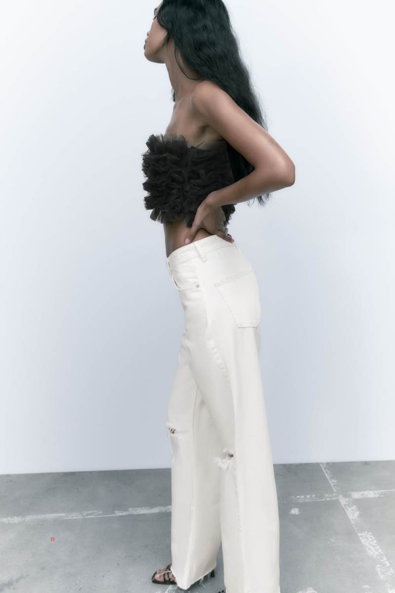 ZARA KNIT TOP WITH TULLE Crop Top Dam Svarta | FYEBX-4120