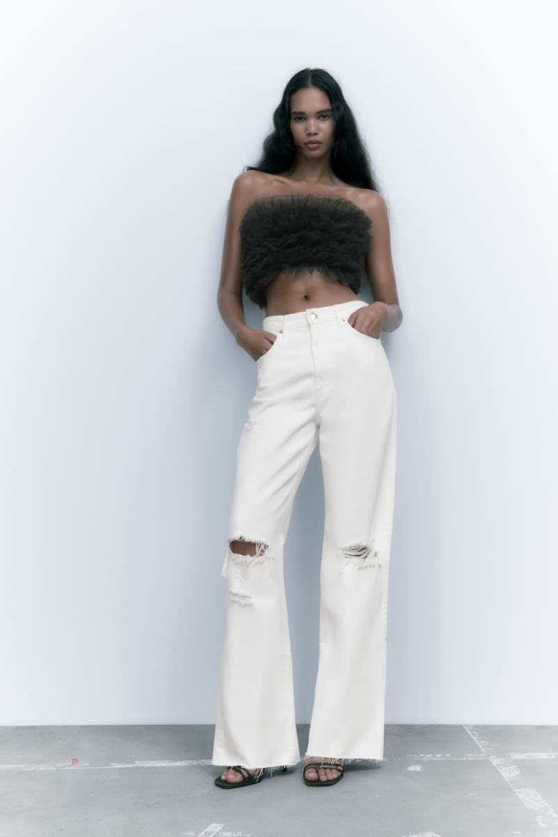 ZARA KNIT TOP WITH TULLE Crop Top Dam Svarta | FYEBX-4120