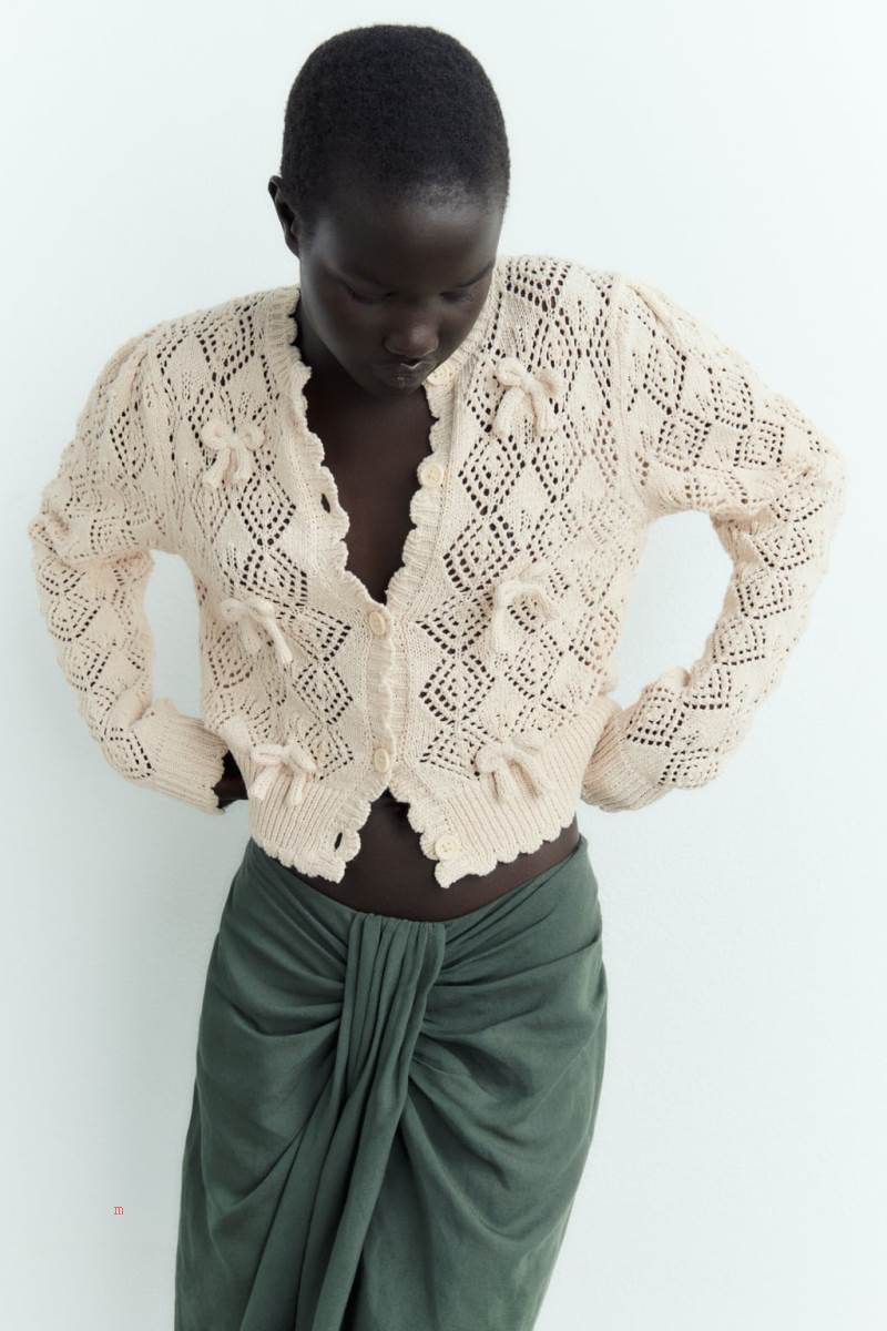 ZARA KNIT WITH BOWS Cardigan Dam Grå Vita | ACOWQ-9107