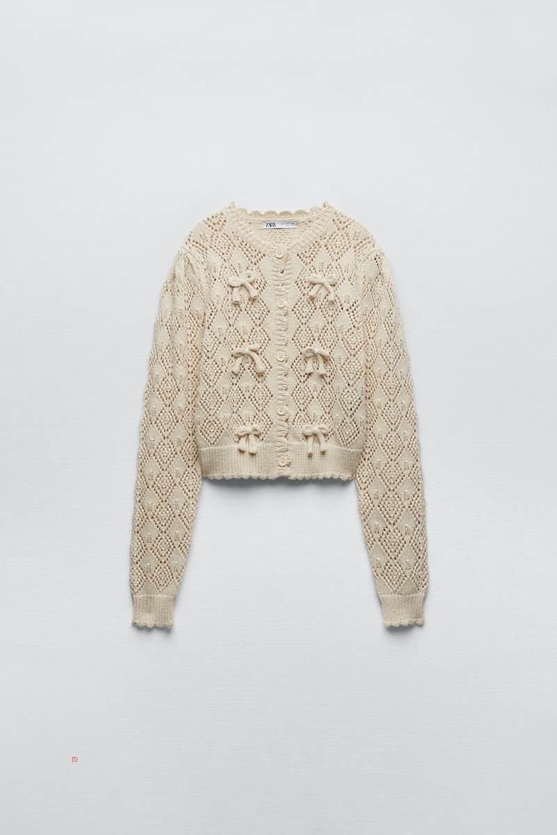 ZARA KNIT WITH BOWS Cardigan Dam Grå Vita | ACOWQ-9107