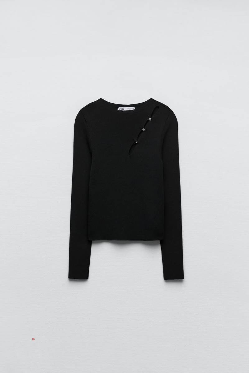 ZARA KNIT WITH CUT-OUT DETAIL AND RHINESTONE BUTTONS Tröjor Dam Svarta | FJQHN-5348