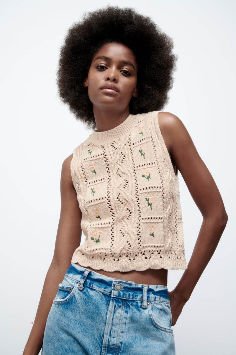 ZARA KNIT WITH EMBROIDERED FLOWERS Väst Dam Bruna | TUAIX-8761