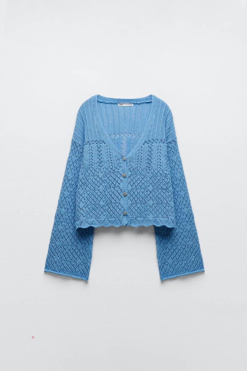 ZARA KNIT WITH RHINESTONE BUTTONS Cardigan Dam Ljusblå | ASBGE-1623