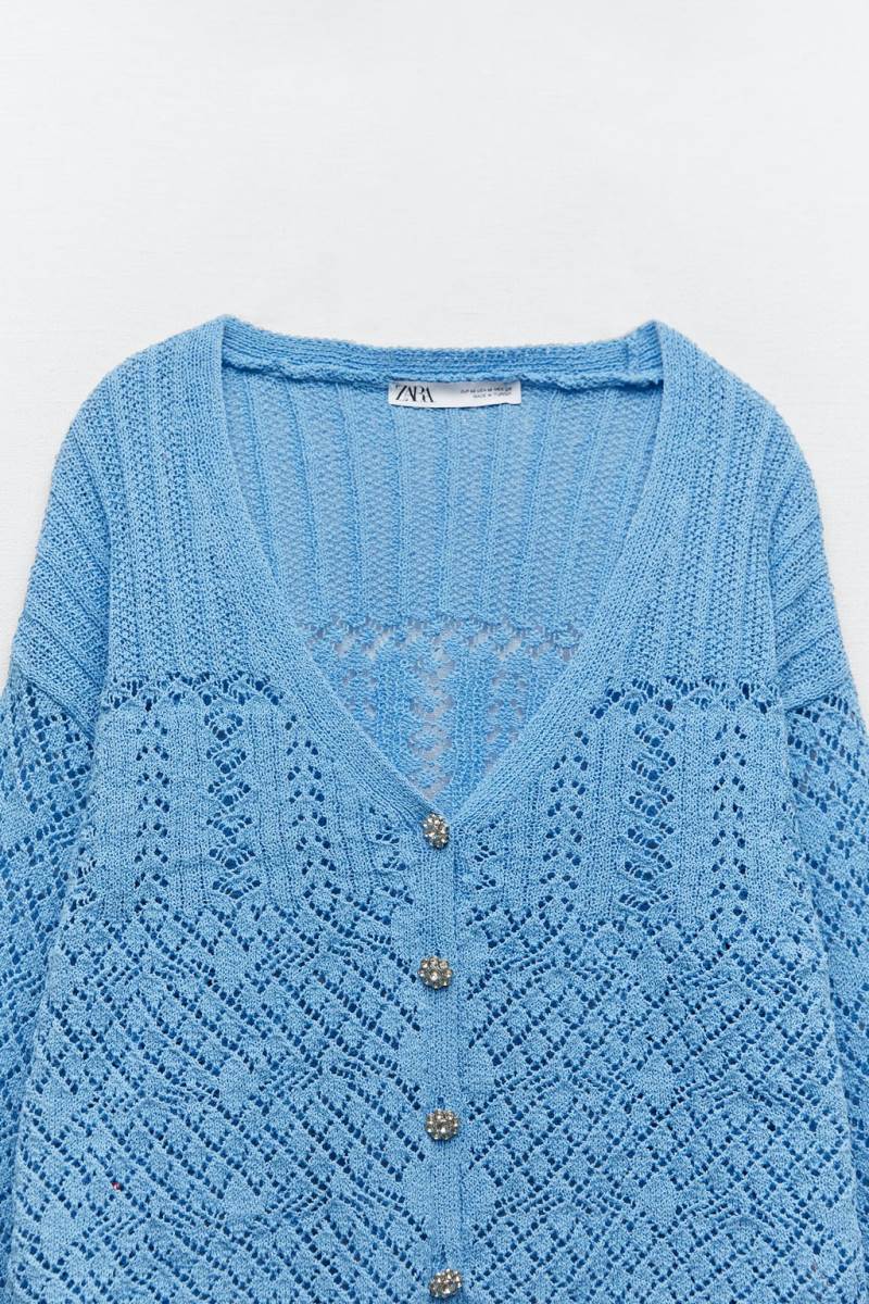 ZARA KNIT WITH RHINESTONE BUTTONS Cardigan Dam Ljusblå | ASBGE-1623