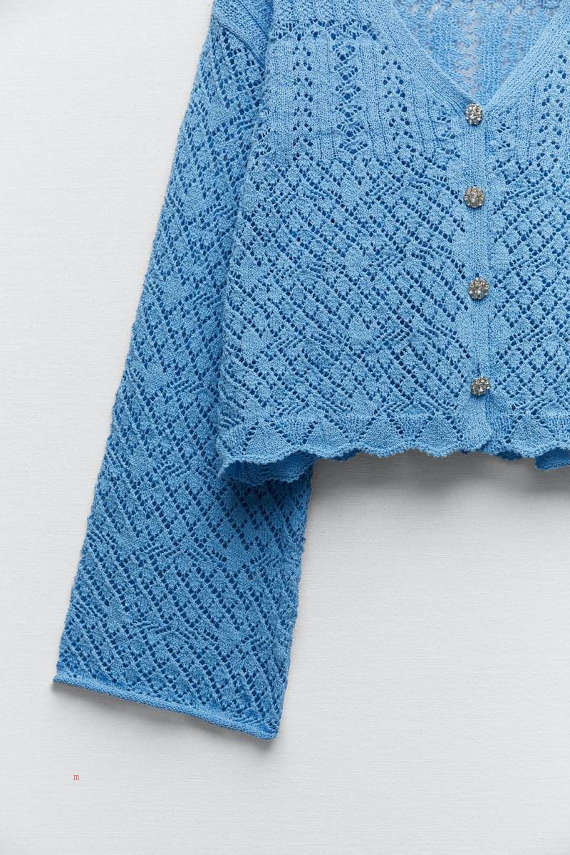 ZARA KNIT WITH RHINESTONE BUTTONS Cardigan Dam Ljusblå | ASBGE-1623