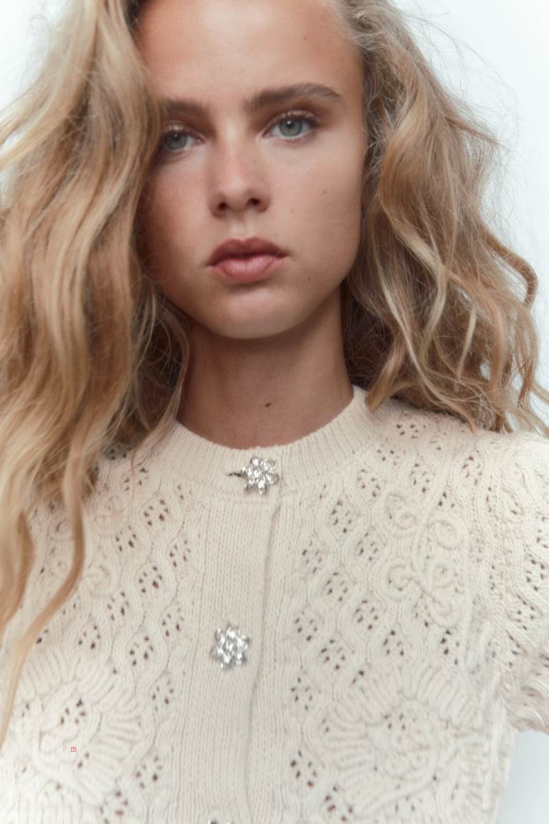 ZARA KNIT WITH RHINESTONE BUTTONS Cardigan Dam Grå Vita | IRUDL-9675