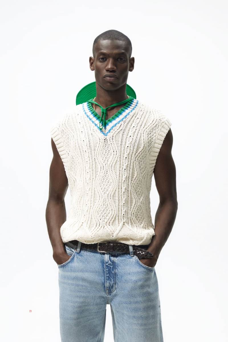 ZARA KNIT WITH STRIPES Väst Herr Vita | ITZLM-2139