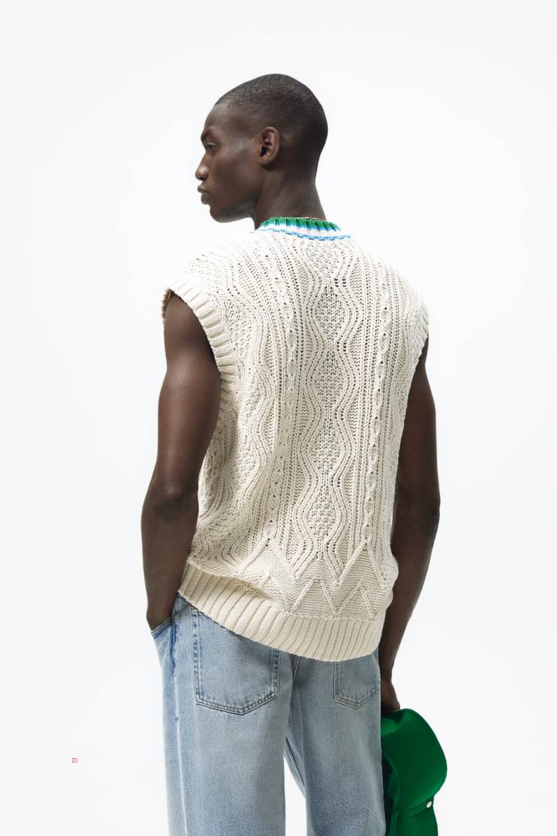ZARA KNIT WITH STRIPES Väst Herr Vita | ITZLM-2139