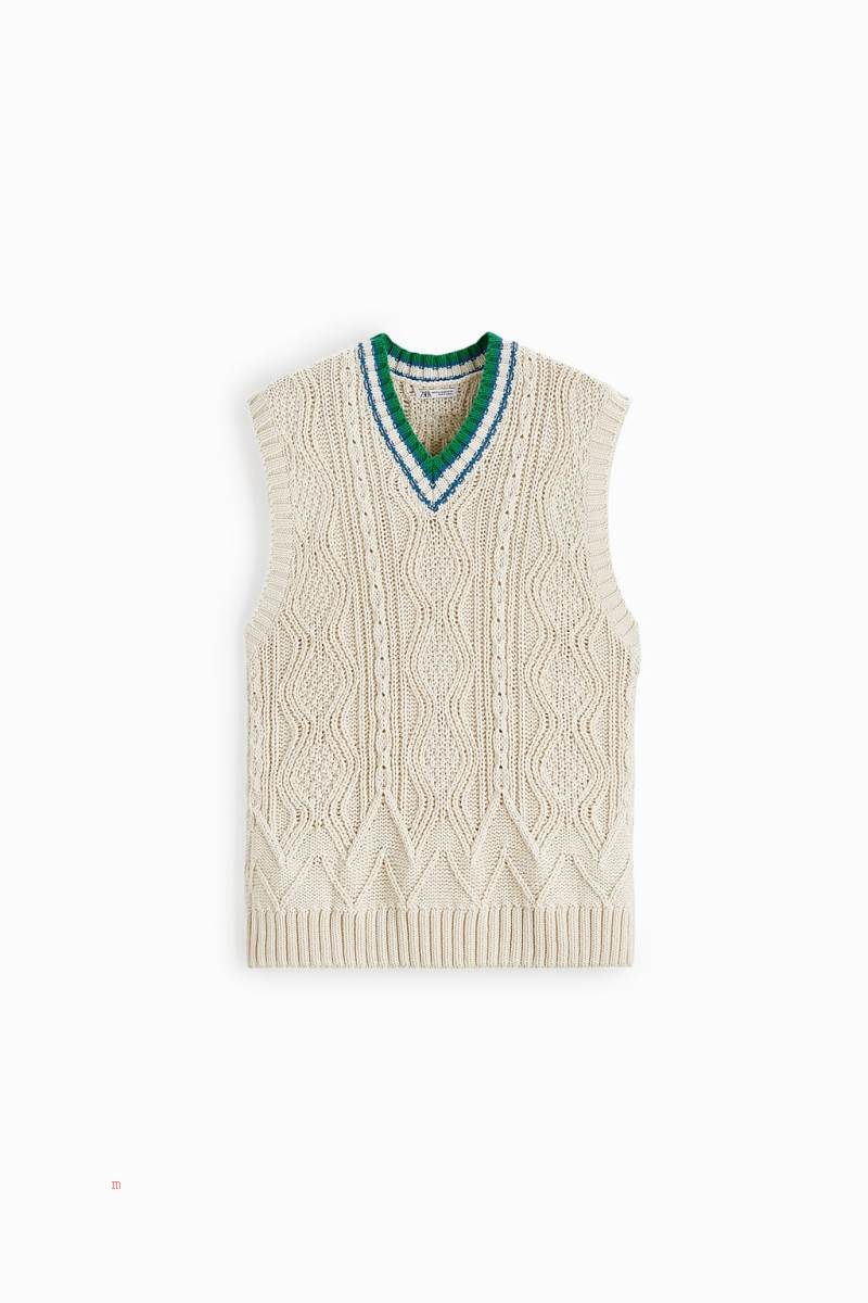 ZARA KNIT WITH STRIPES Väst Herr Vita | ITZLM-2139