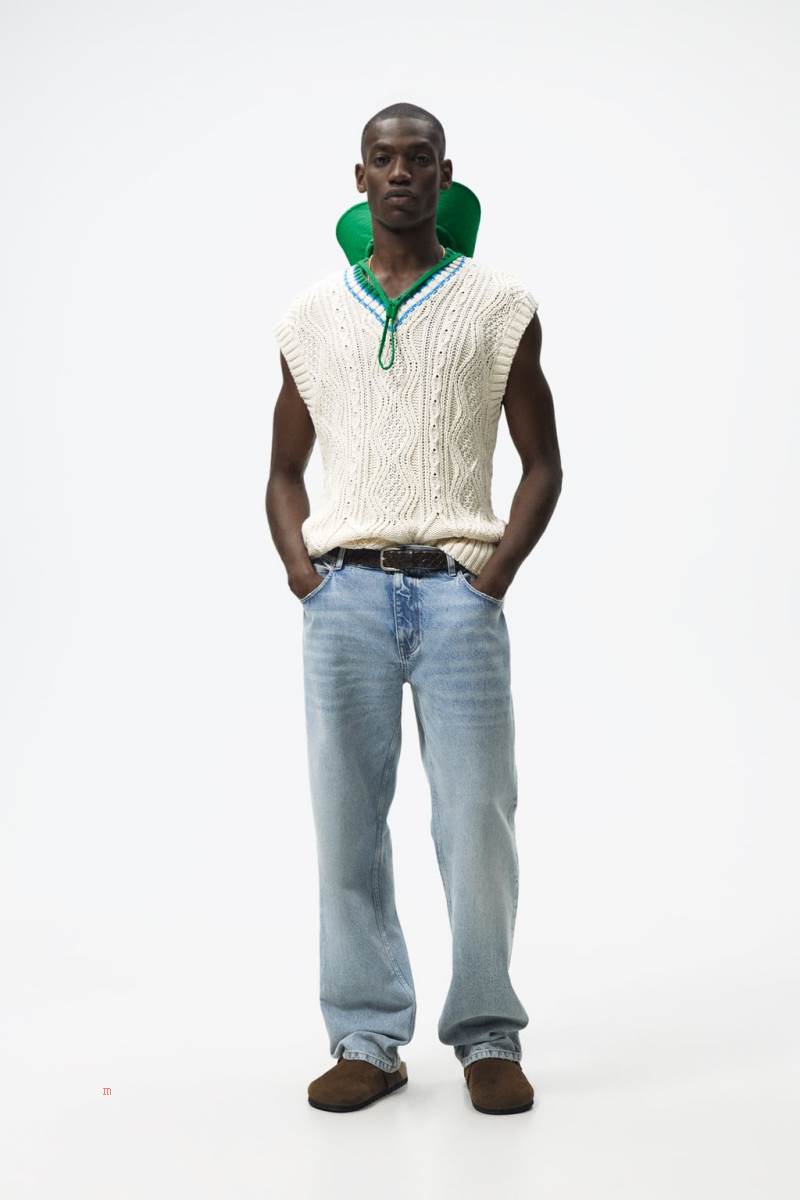 ZARA KNIT WITH STRIPES Väst Herr Vita | ITZLM-2139