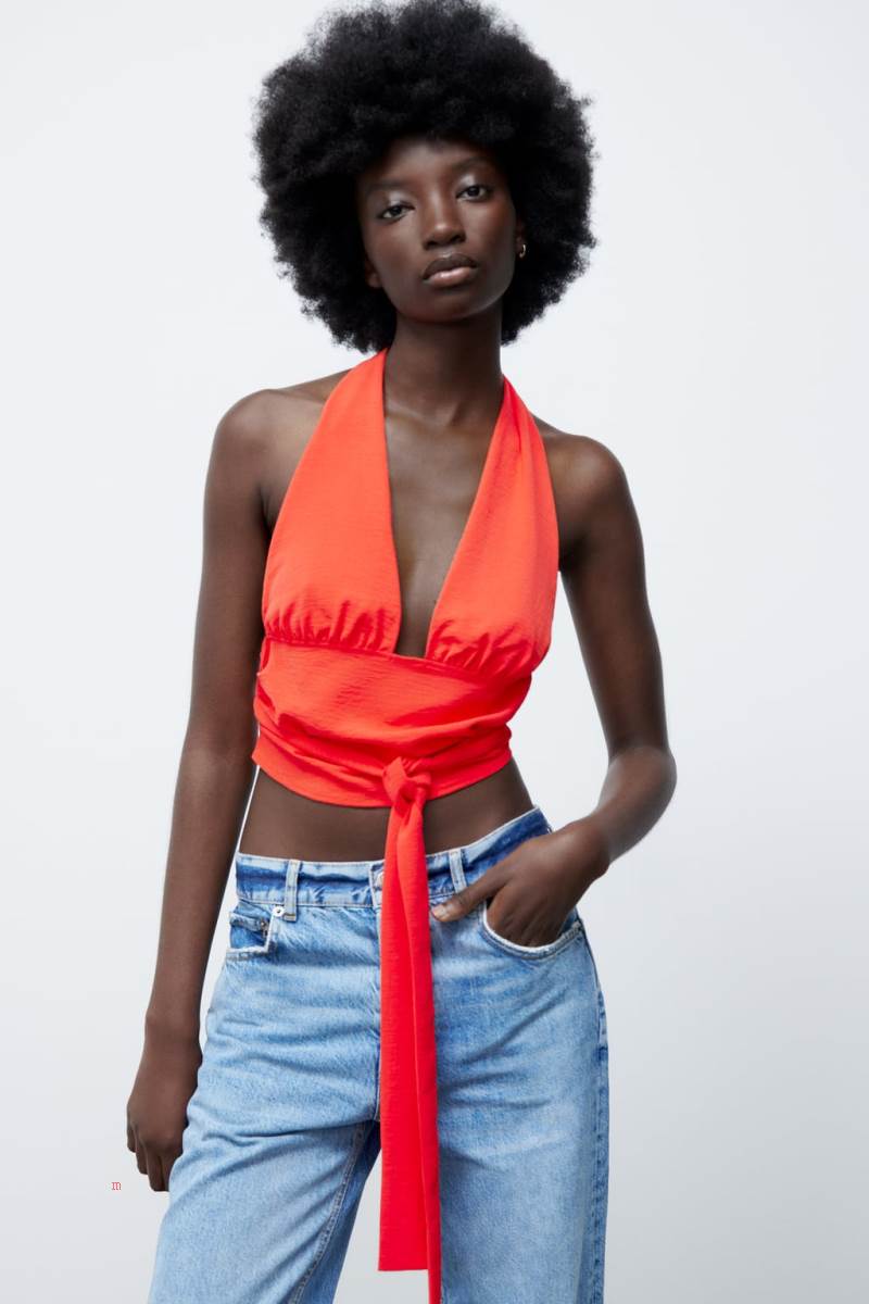 ZARA KNOTTED HALTERNECK TOP Crop Top Dam Röda | UROHA-6095