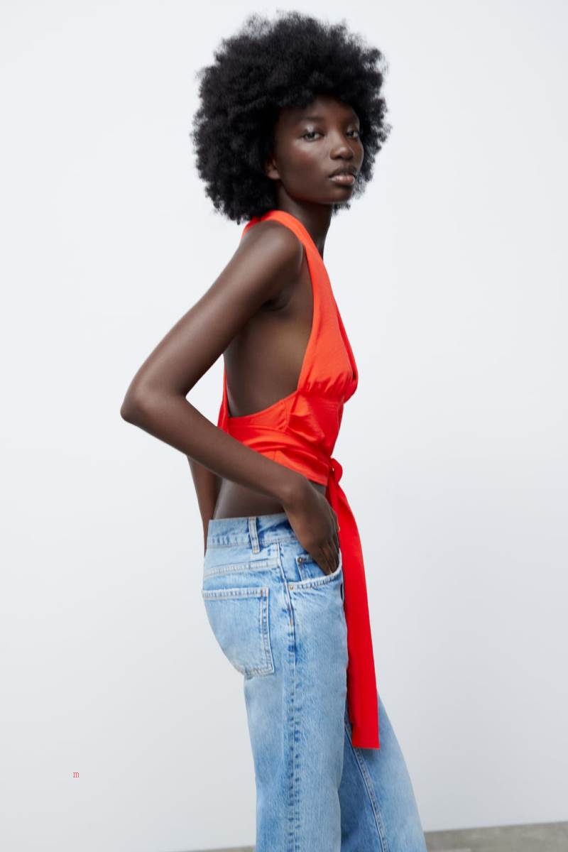 ZARA KNOTTED HALTERNECK TOP Crop Top Dam Röda | UROHA-6095