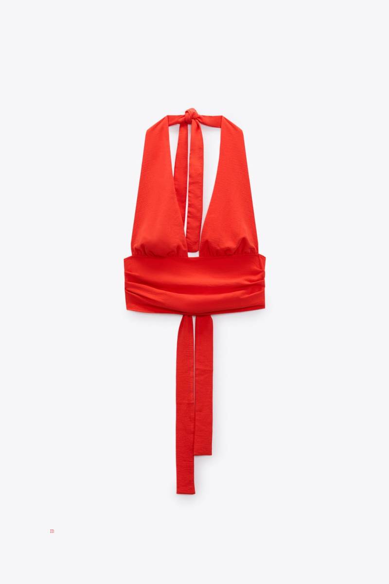 ZARA KNOTTED HALTERNECK TOP Crop Top Dam Röda | UROHA-6095