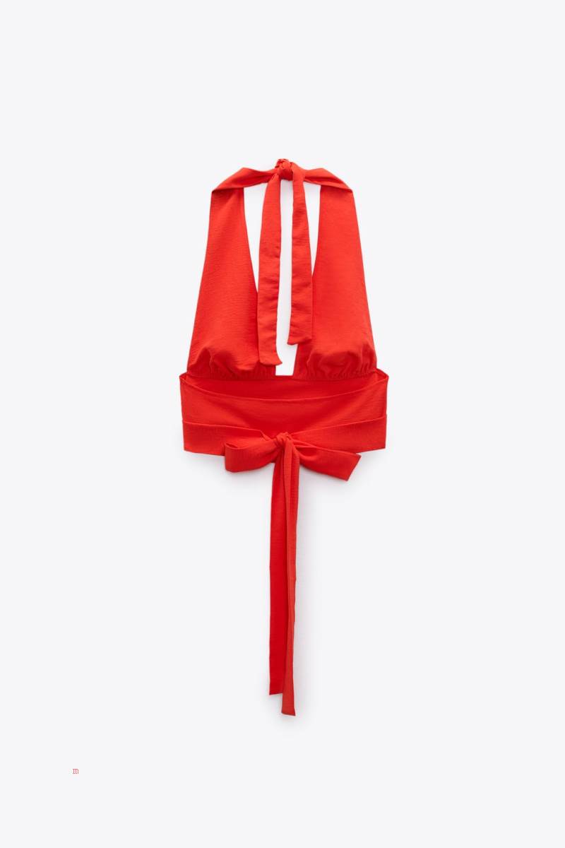 ZARA KNOTTED HALTERNECK TOP Crop Top Dam Röda | UROHA-6095
