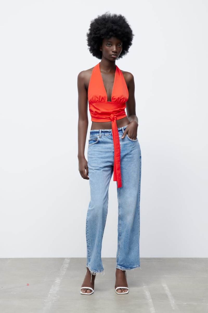 ZARA KNOTTED HALTERNECK TOP Crop Top Dam Röda | UROHA-6095