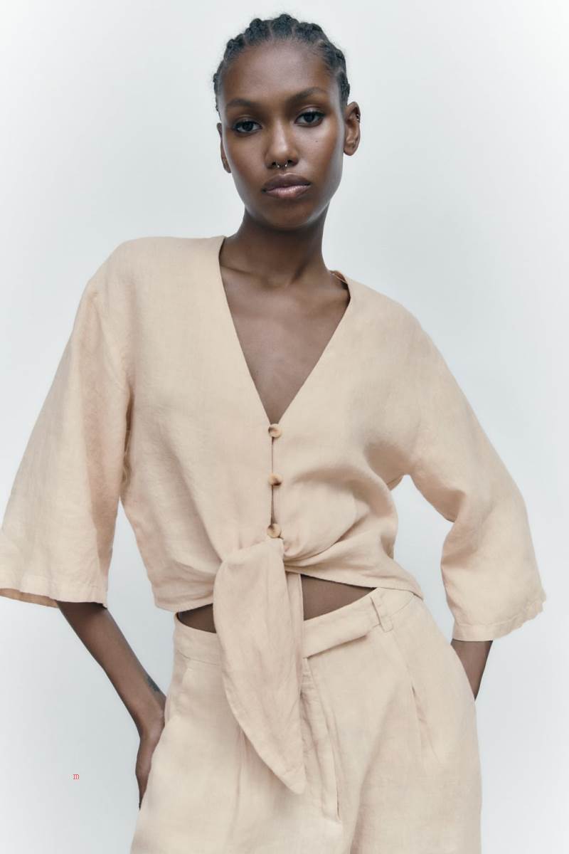 ZARA KNOTTED LINEN Skjorta Dam Bruna | CHDLU-6782