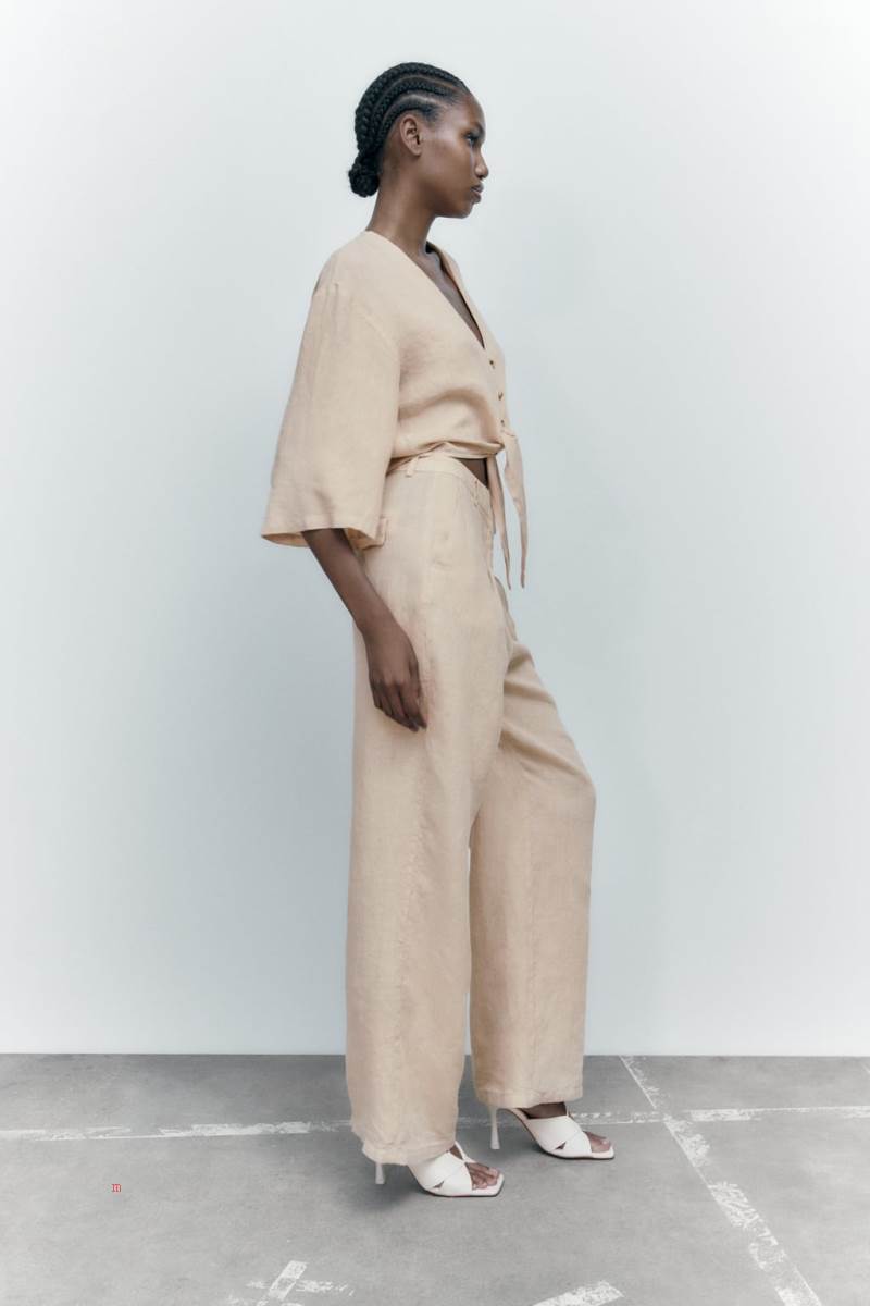 ZARA KNOTTED LINEN Skjorta Dam Bruna | CHDLU-6782