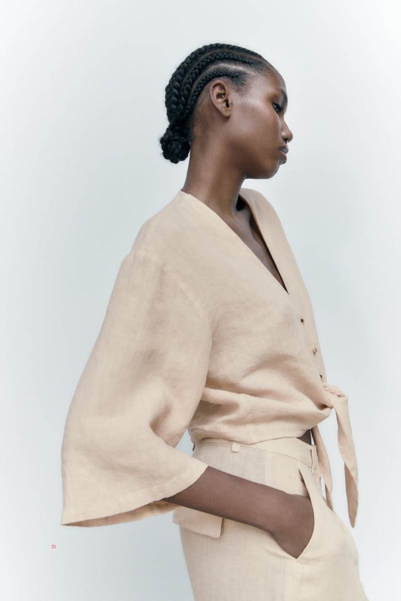 ZARA KNOTTED LINEN Skjorta Dam Bruna | CHDLU-6782