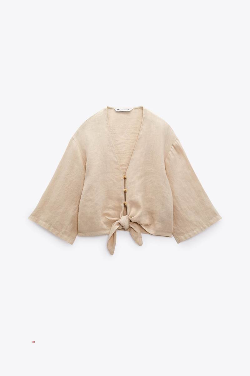 ZARA KNOTTED LINEN Skjorta Dam Bruna | CHDLU-6782