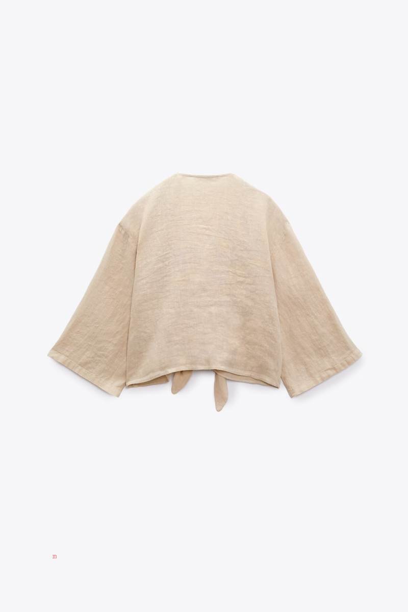 ZARA KNOTTED LINEN Skjorta Dam Bruna | CHDLU-6782