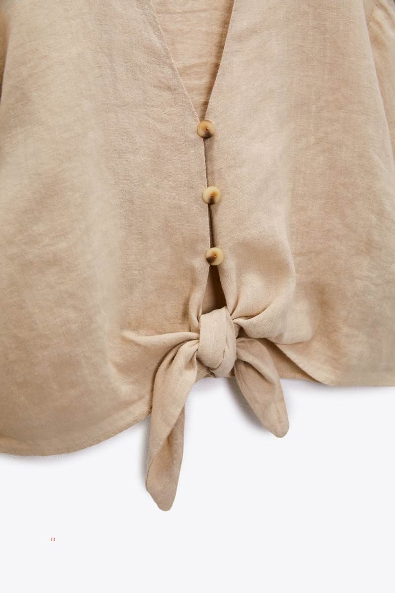 ZARA KNOTTED LINEN Skjorta Dam Bruna | CHDLU-6782