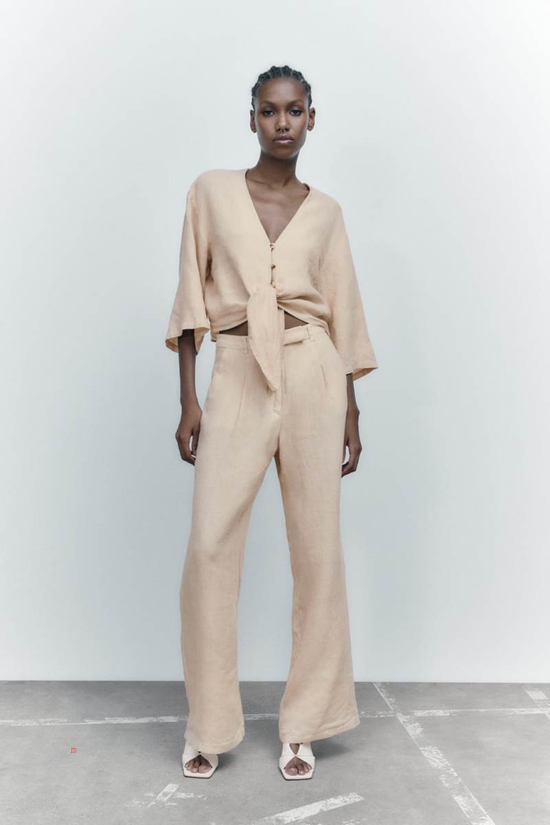 ZARA KNOTTED LINEN Skjorta Dam Bruna | CHDLU-6782