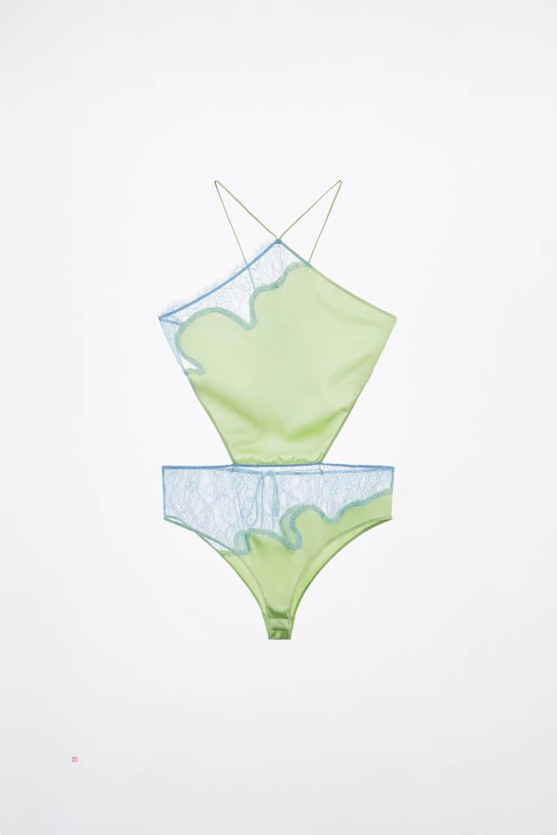 ZARA LACE DETAIL SILK Bodysuit Dam Gröna | COBAE-2189