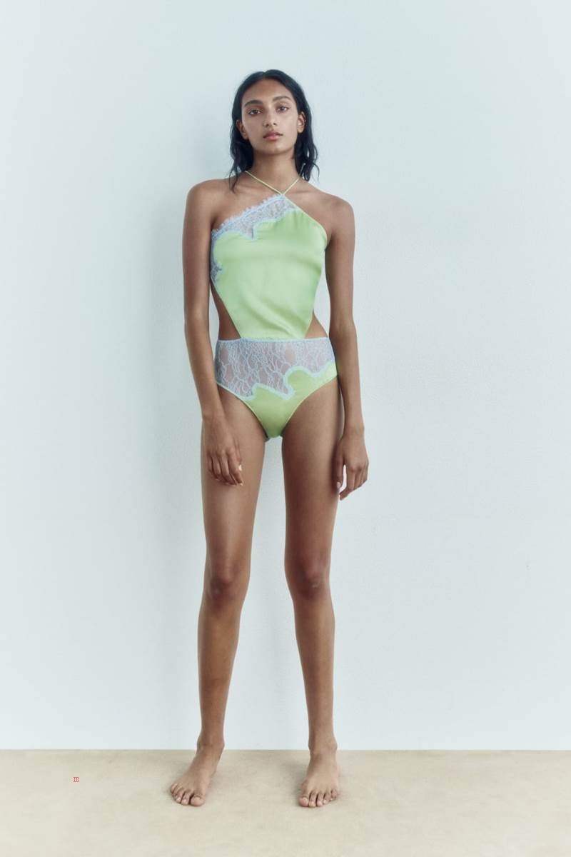 ZARA LACE DETAIL SILK Bodysuit Dam Gröna | COBAE-2189