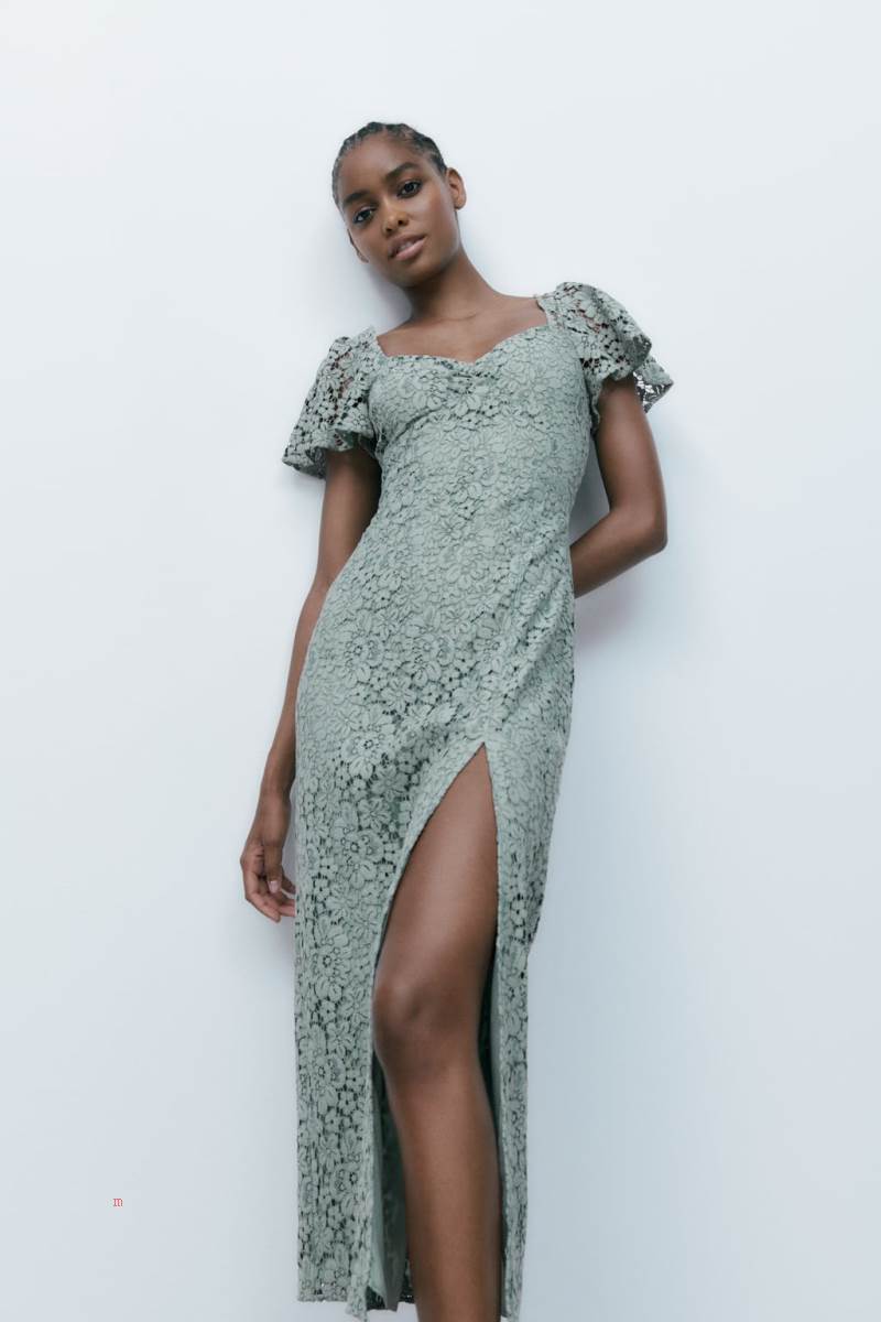 ZARA LACE MIDI Klänning Dam Gröna | QBEGV-2591