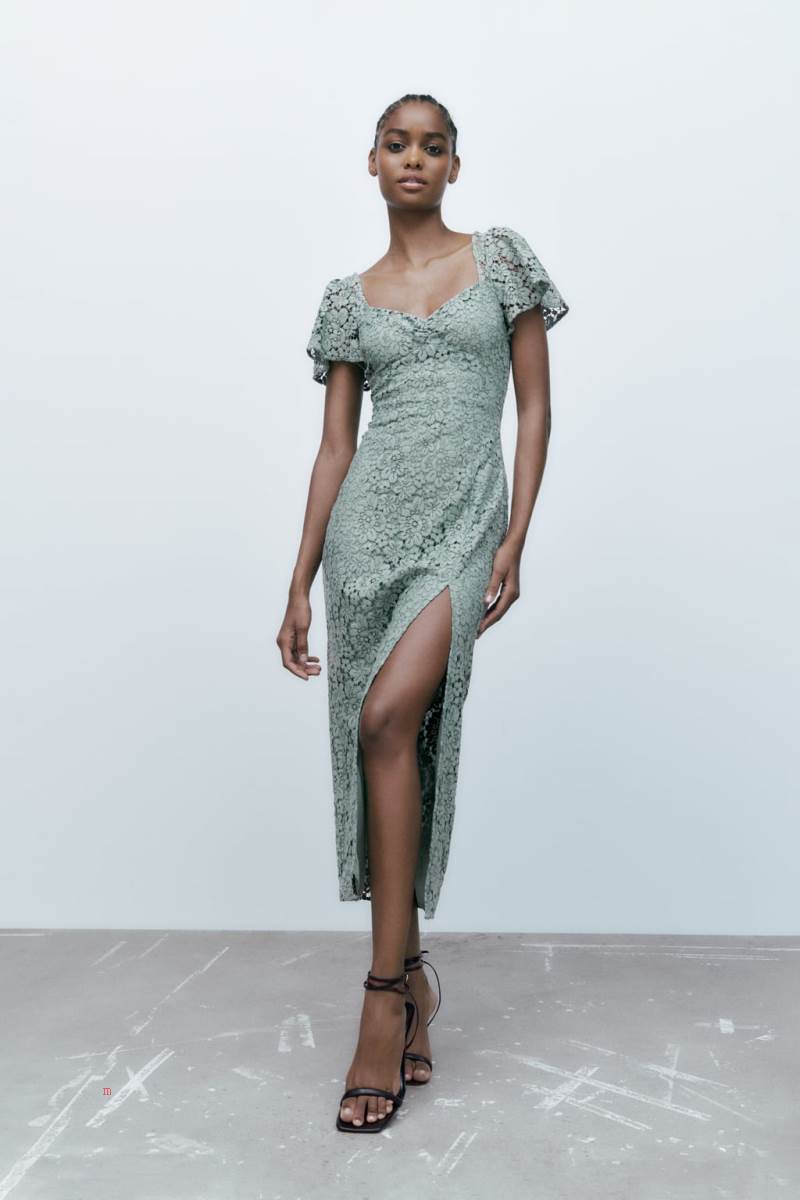 ZARA LACE MIDI Klänning Dam Gröna | QBEGV-2591
