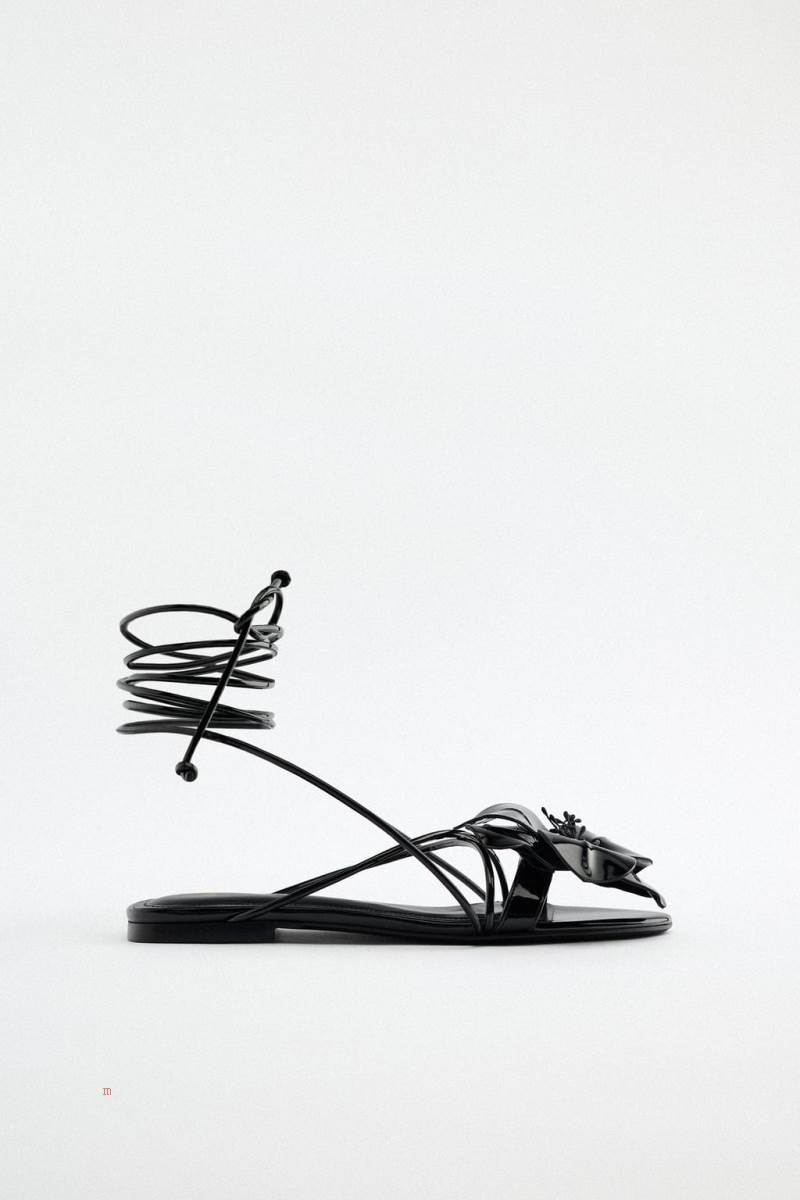 ZARA LACE UP FLAT WITH FLOWER Sandaler Dam Svarta | SOYXU-6048