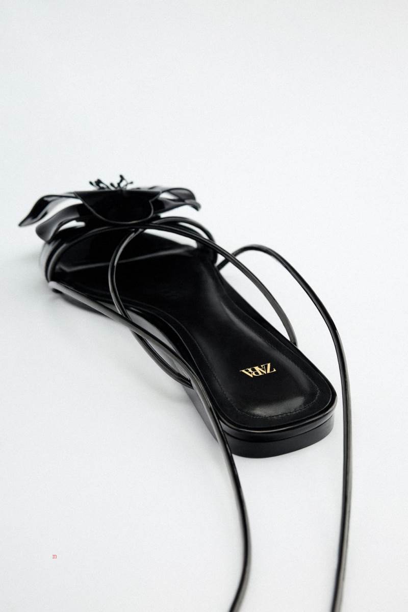 ZARA LACE UP FLAT WITH FLOWER Sandaler Dam Svarta | SOYXU-6048