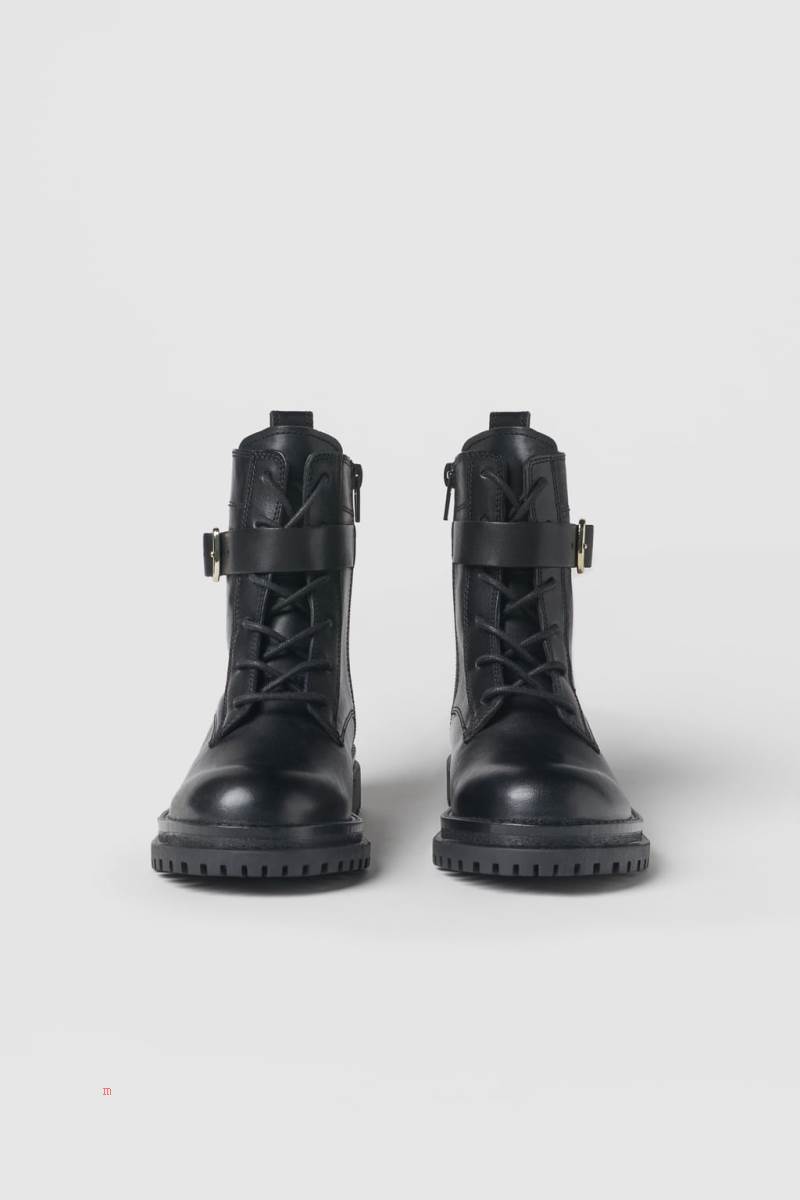 ZARA LACE-UP LEATHER Ankelboots Tjej Svarta | ZRANY-2013