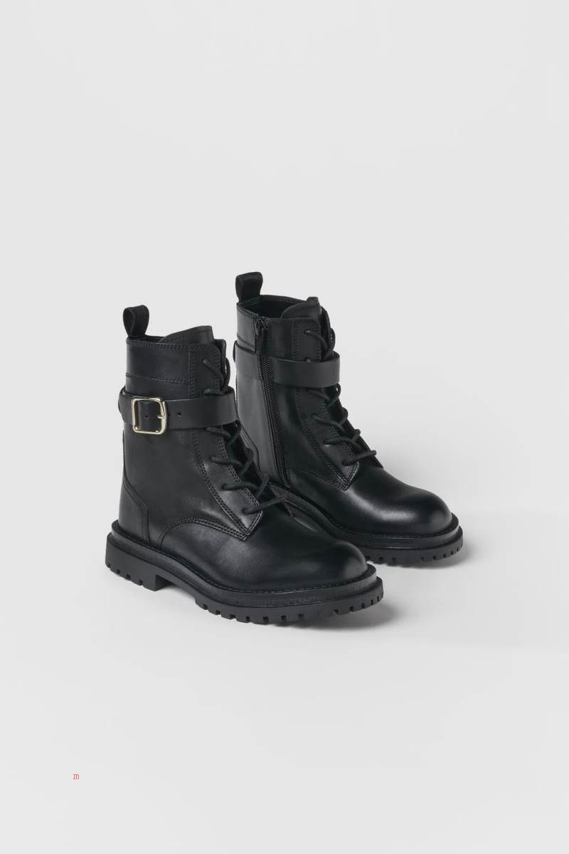 ZARA LACE-UP LEATHER Ankelboots Tjej Svarta | ZRANY-2013