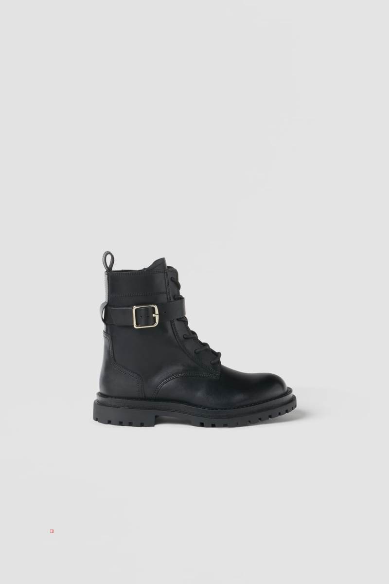 ZARA LACE-UP LEATHER Ankelboots Tjej Svarta | ZRANY-2013