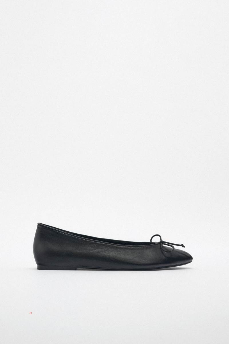 ZARA LEATHER BALLET FLAT WITH BOW DETAIL Ballerina Dam Svarta | SFPQA-4395