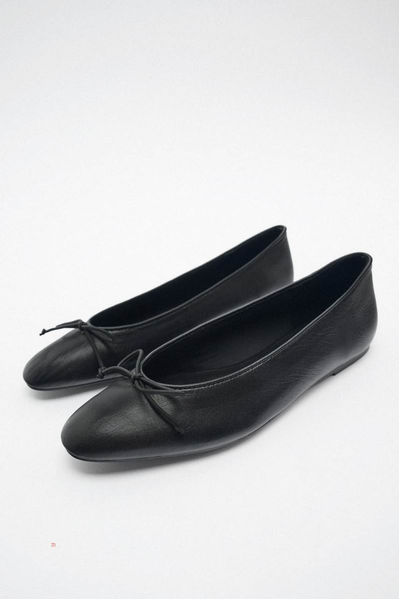 ZARA LEATHER BALLET FLAT WITH BOW DETAIL Ballerina Dam Svarta | SFPQA-4395