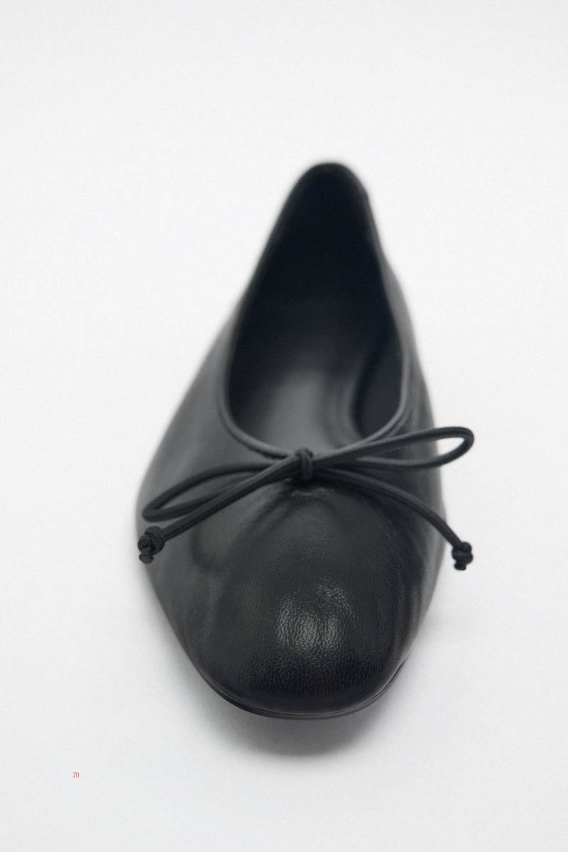 ZARA LEATHER BALLET FLAT WITH BOW DETAIL Ballerina Dam Svarta | SFPQA-4395