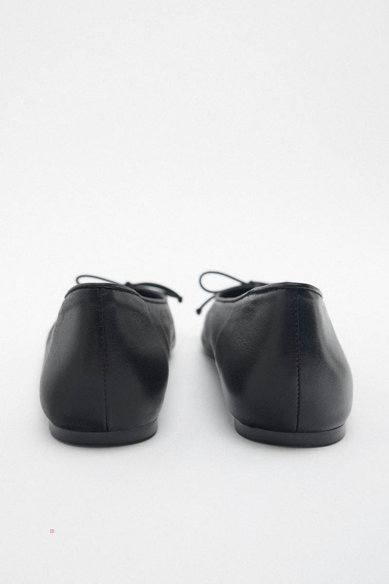 ZARA LEATHER BALLET FLAT WITH BOW DETAIL Ballerina Dam Svarta | SFPQA-4395