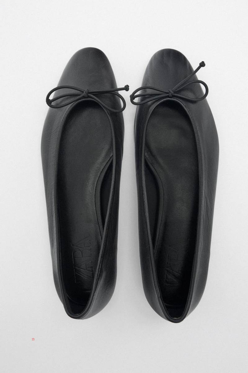 ZARA LEATHER BALLET FLAT WITH BOW DETAIL Ballerina Dam Svarta | SFPQA-4395