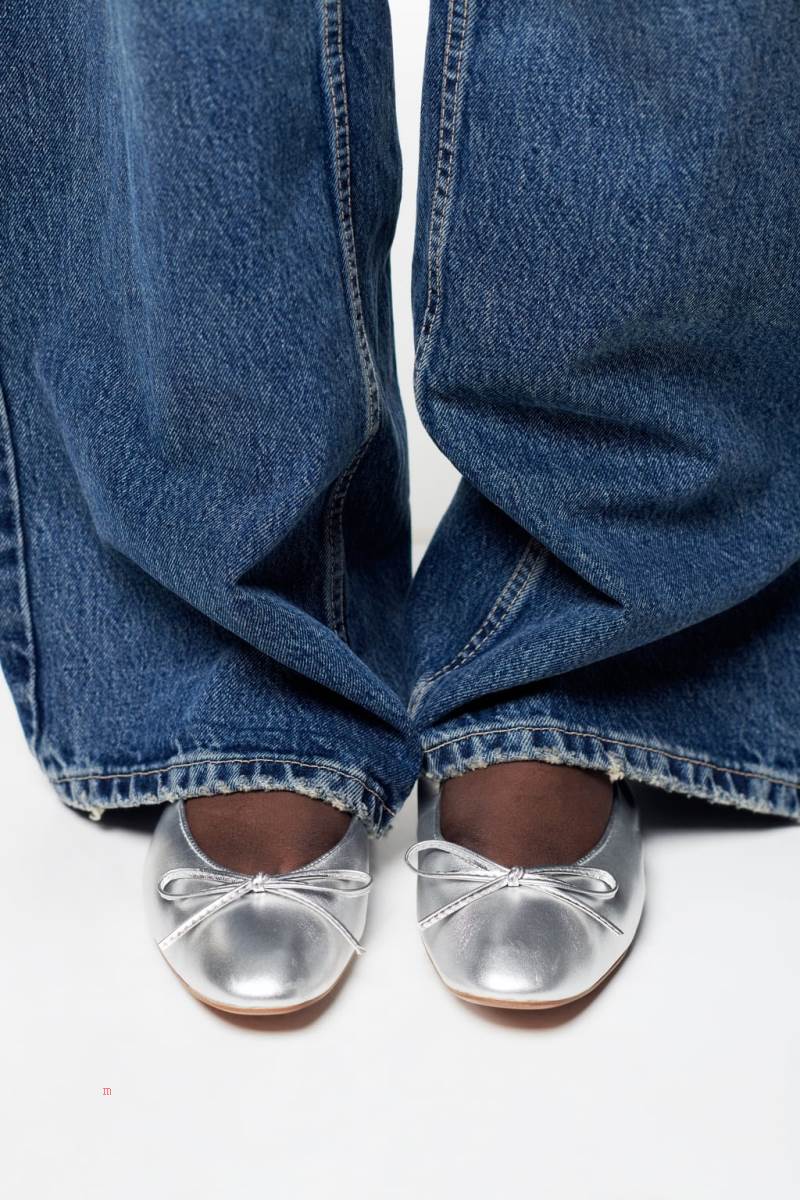 ZARA LEATHER BALLET FLAT WITH BOW DETAIL Ballerina Dam Silver | TRMFA-6903