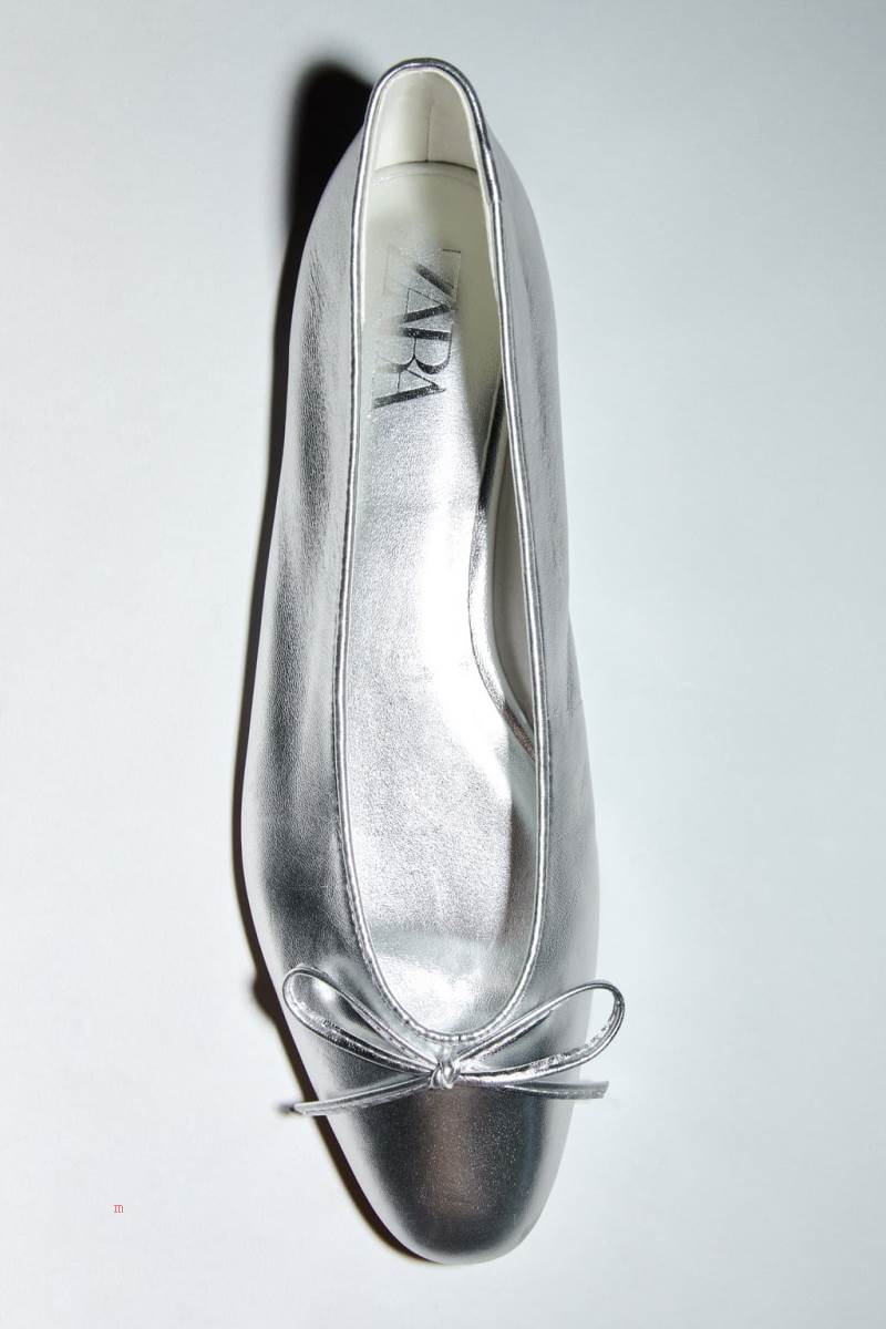 ZARA LEATHER BALLET FLAT WITH BOW DETAIL Ballerina Dam Silver | TRMFA-6903