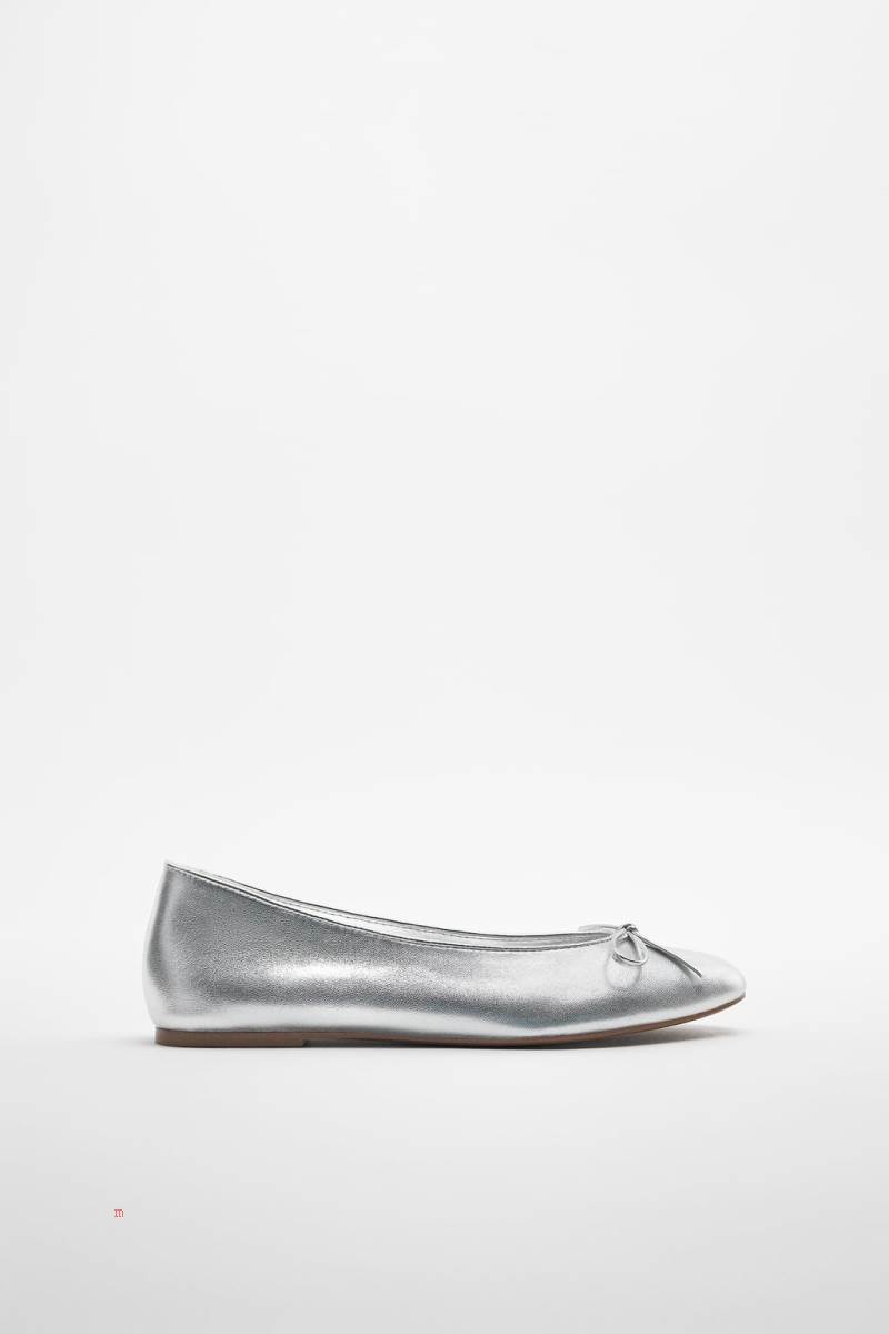 ZARA LEATHER BALLET FLAT WITH BOW DETAIL Ballerina Dam Silver | TRMFA-6903