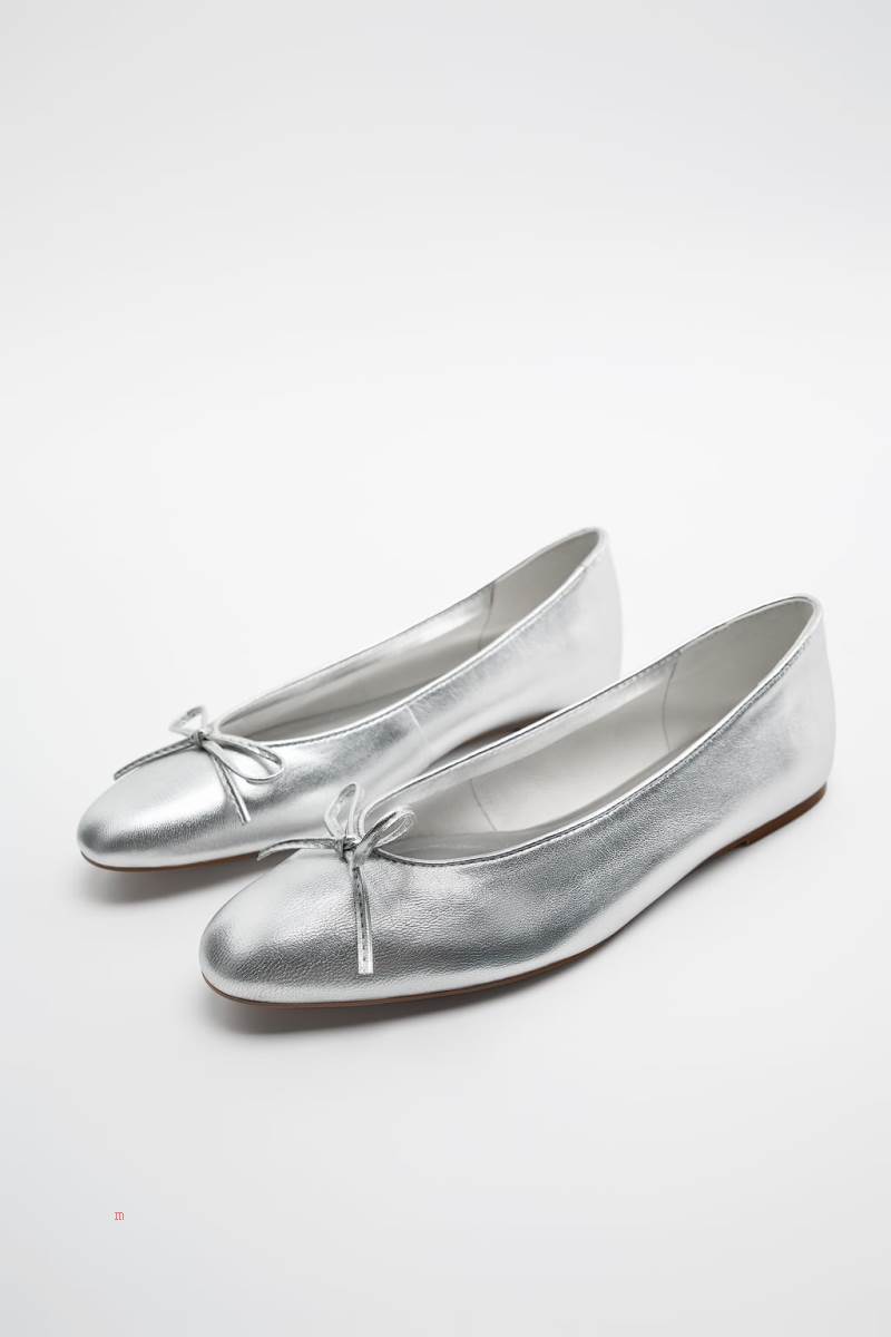 ZARA LEATHER BALLET FLAT WITH BOW DETAIL Ballerina Dam Silver | TRMFA-6903