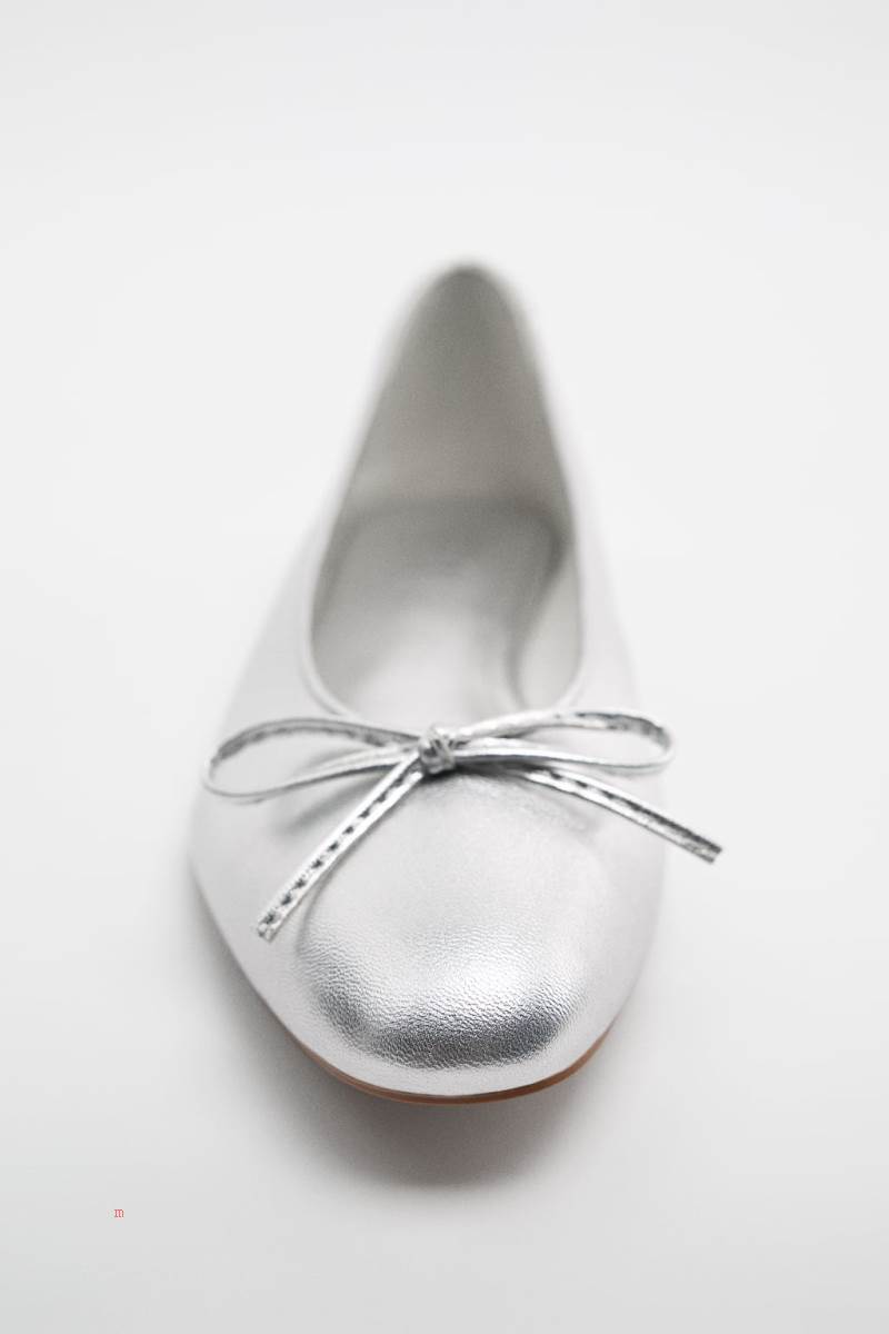 ZARA LEATHER BALLET FLAT WITH BOW DETAIL Ballerina Dam Silver | TRMFA-6903