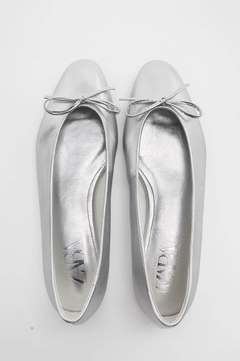 ZARA LEATHER BALLET FLAT WITH BOW DETAIL Ballerina Dam Silver | TRMFA-6903