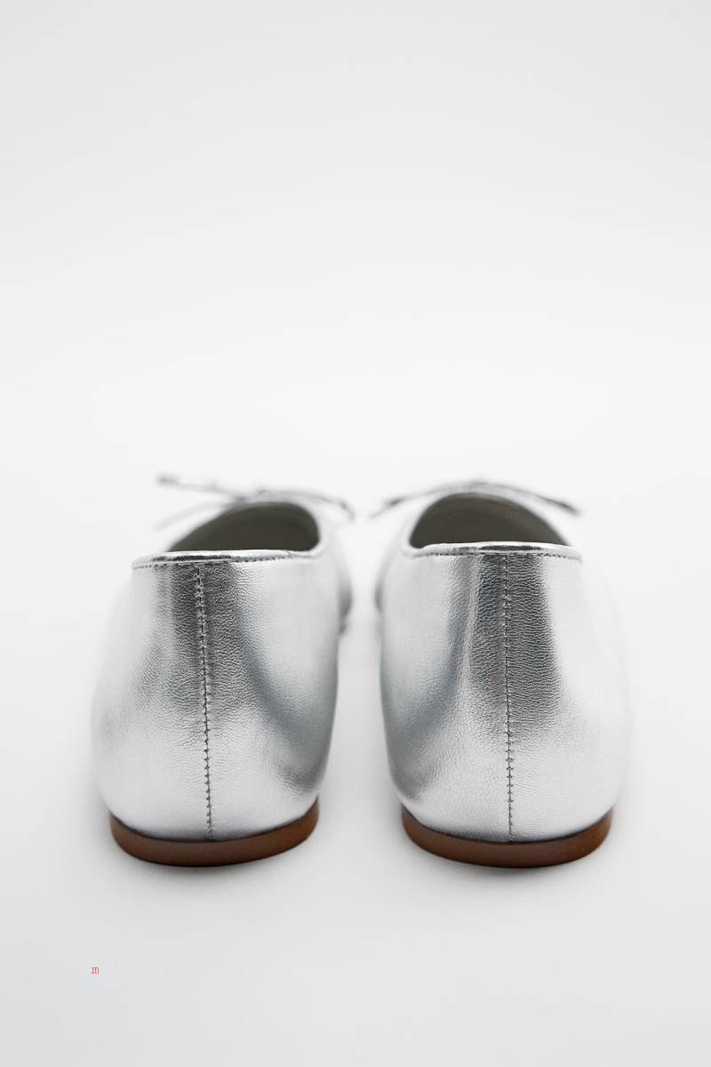 ZARA LEATHER BALLET FLAT WITH BOW DETAIL Ballerina Dam Silver | TRMFA-6903