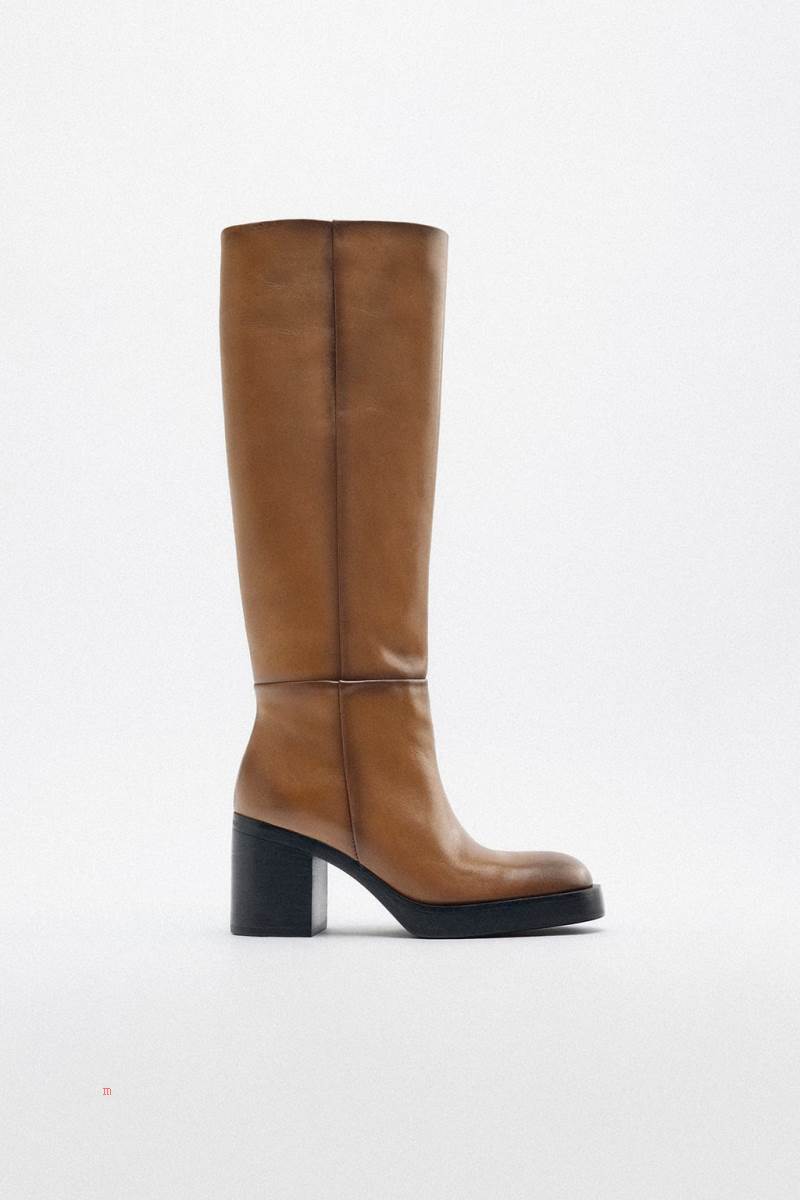 ZARA LEATHER BLOCK HEEL KNEE-HIGH BOOT Höga Stövlar Dam Bruna | ARKLN-3192